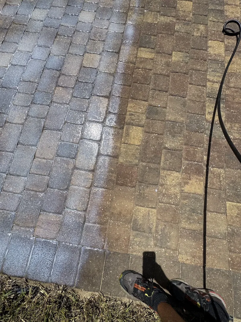 Paver walkway showing a dramatic line between cleaned and uncleaned sections