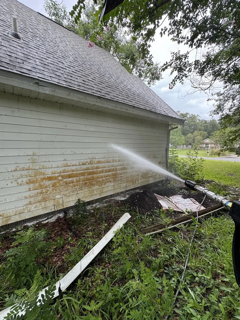 Home exterior wall showing heavy mold and mildew buildup before a professional pressure wash